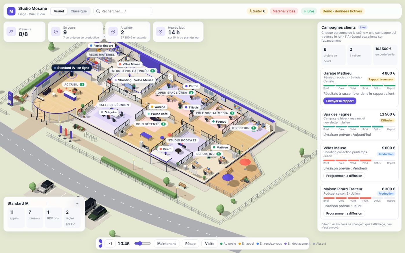 Logiciel 3D d'une agence marketing, données fictives